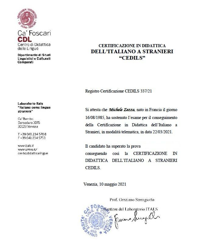 Certificación CEDILS Michele Zezza